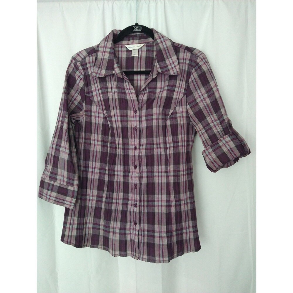 Christopher & Banks Women’s Purple Crinkle Shirt Button Up Plaid Sz L y2k